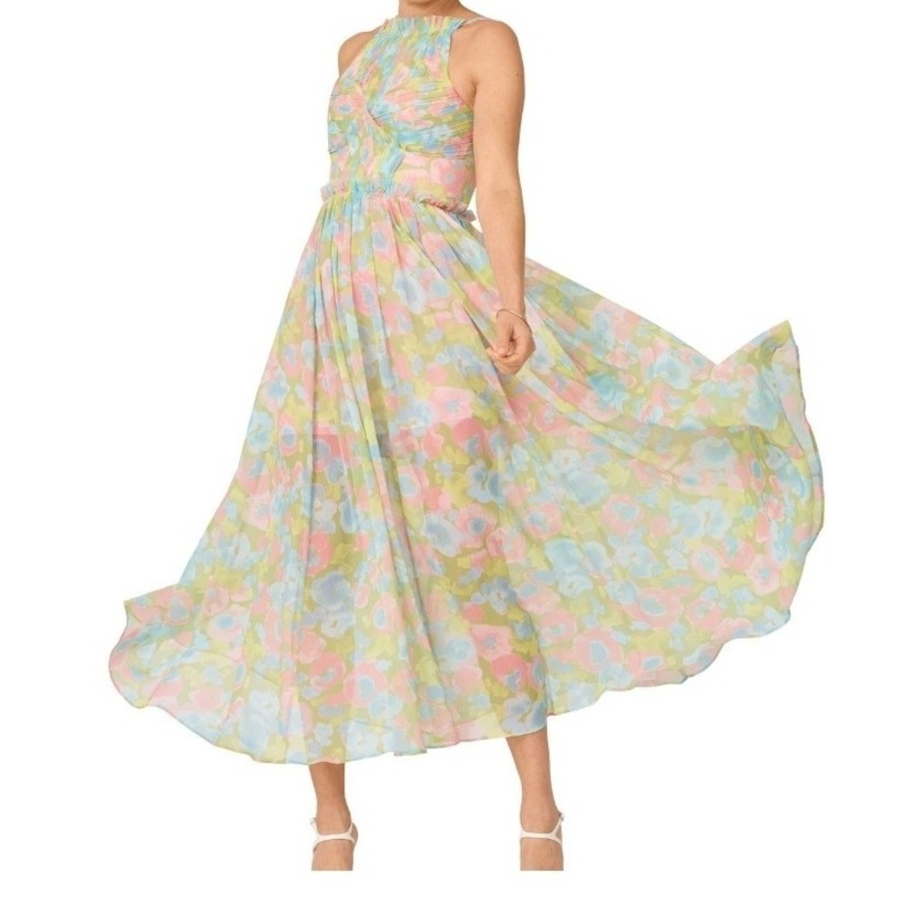J Mendel Women Floral Pleated Bodice Flowy Garden Event Romantic Midi Dress 12